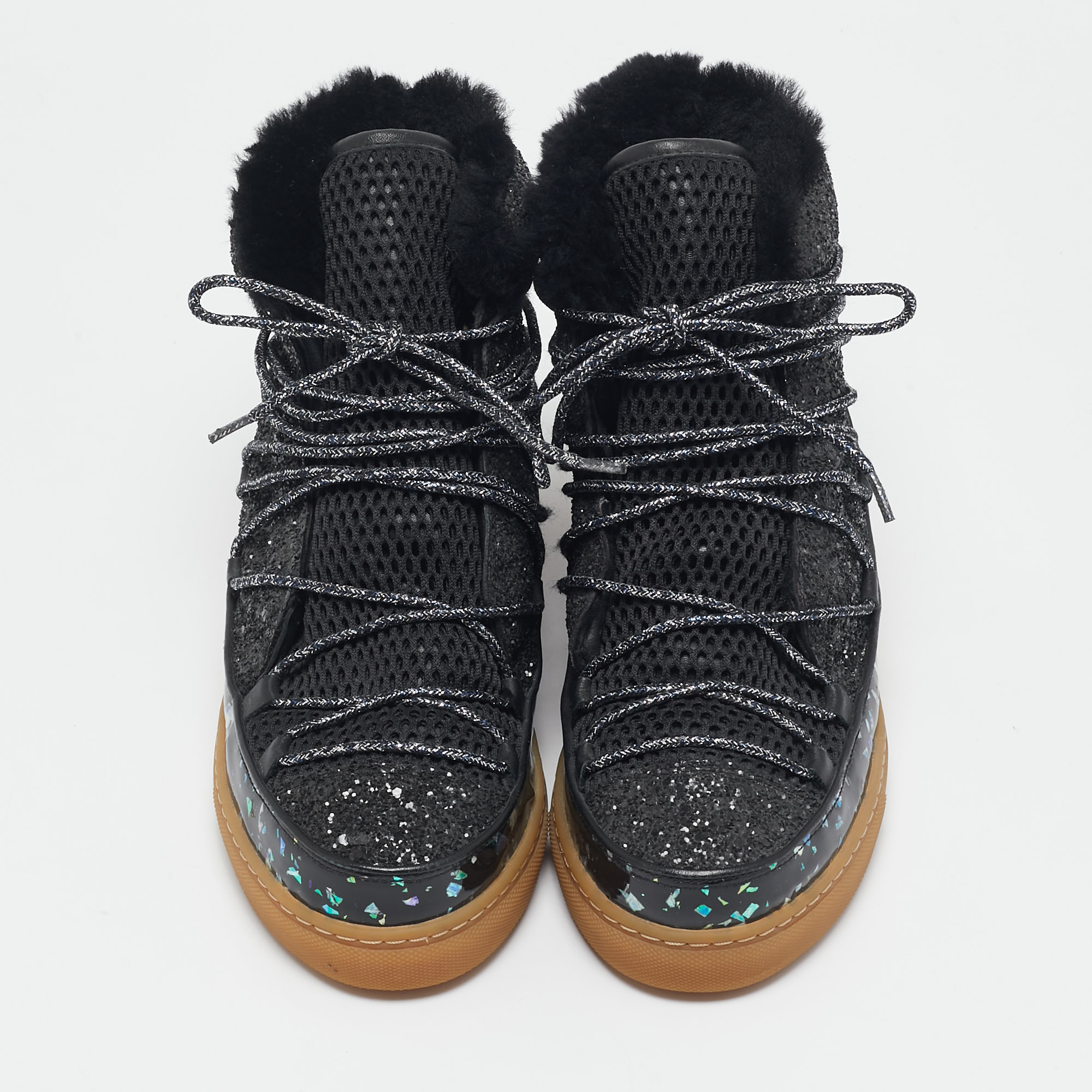 Sophia Webster Black Patent Leather and Glitter Snow Boots Size 39 
