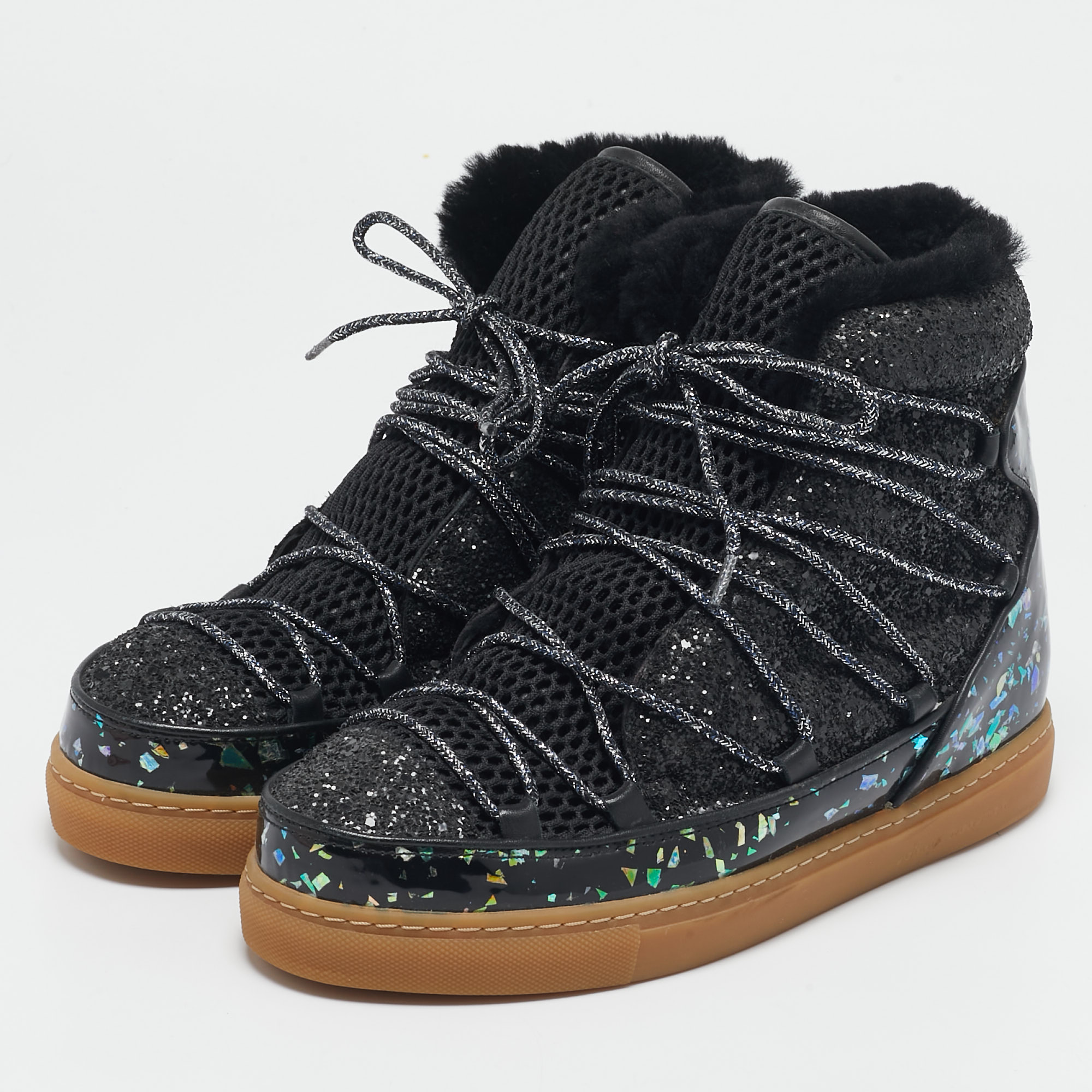 Sophia Webster Black Patent Leather and Glitter Snow Boots Size 39 
