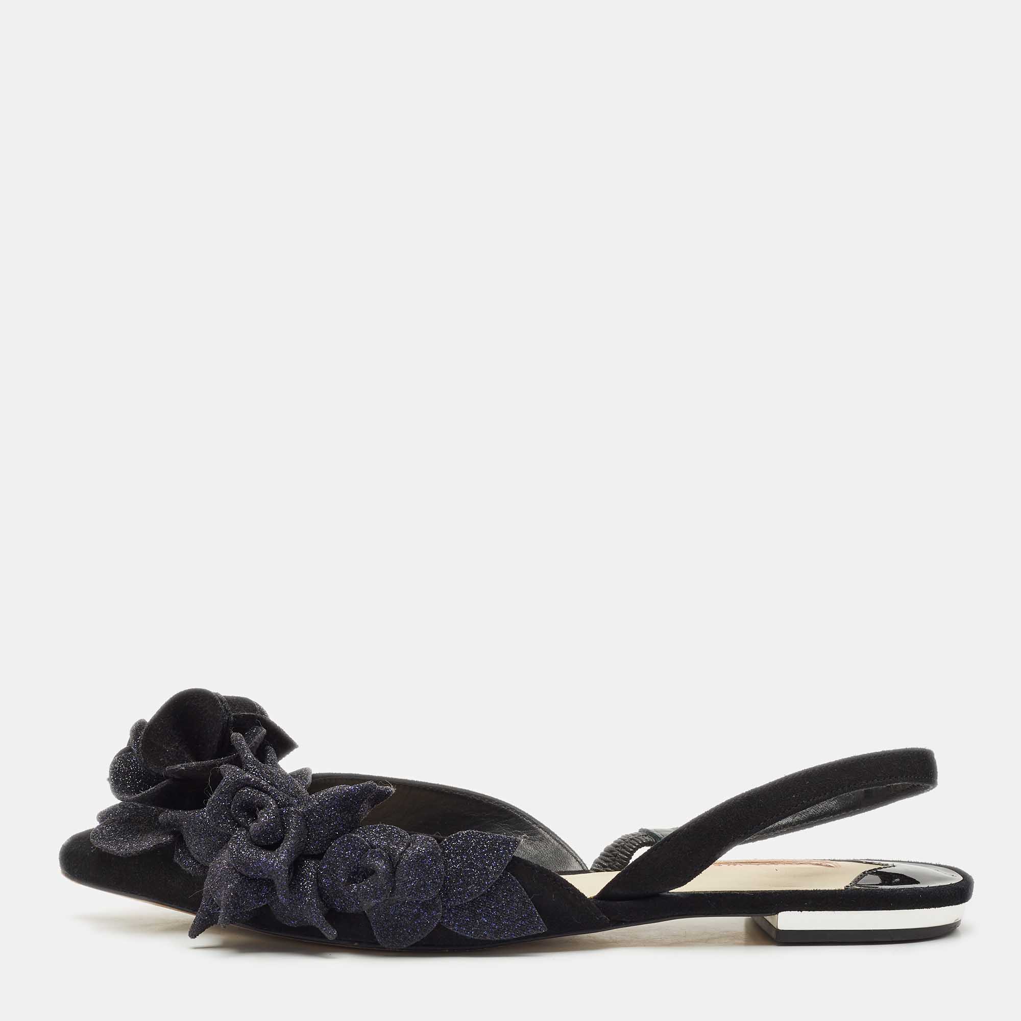 

Sophia Webster Black Suede and Glitter Slingback Flats Size