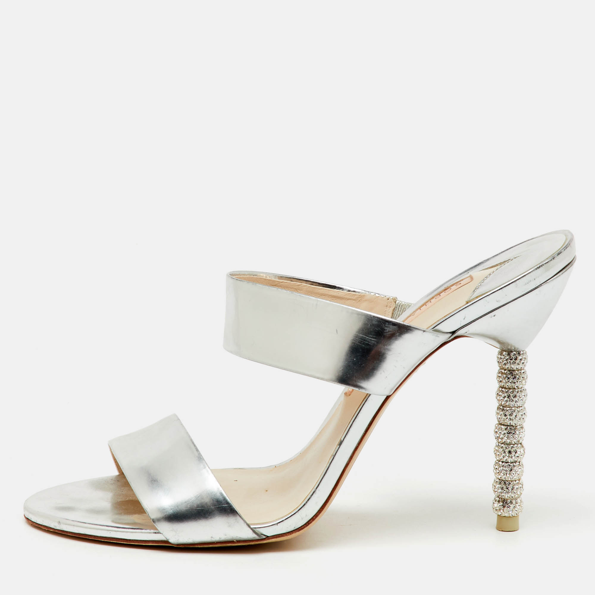 

Sophia Webster Silver Foil Leather Crystal Embellished Heel Slide Sandals Size