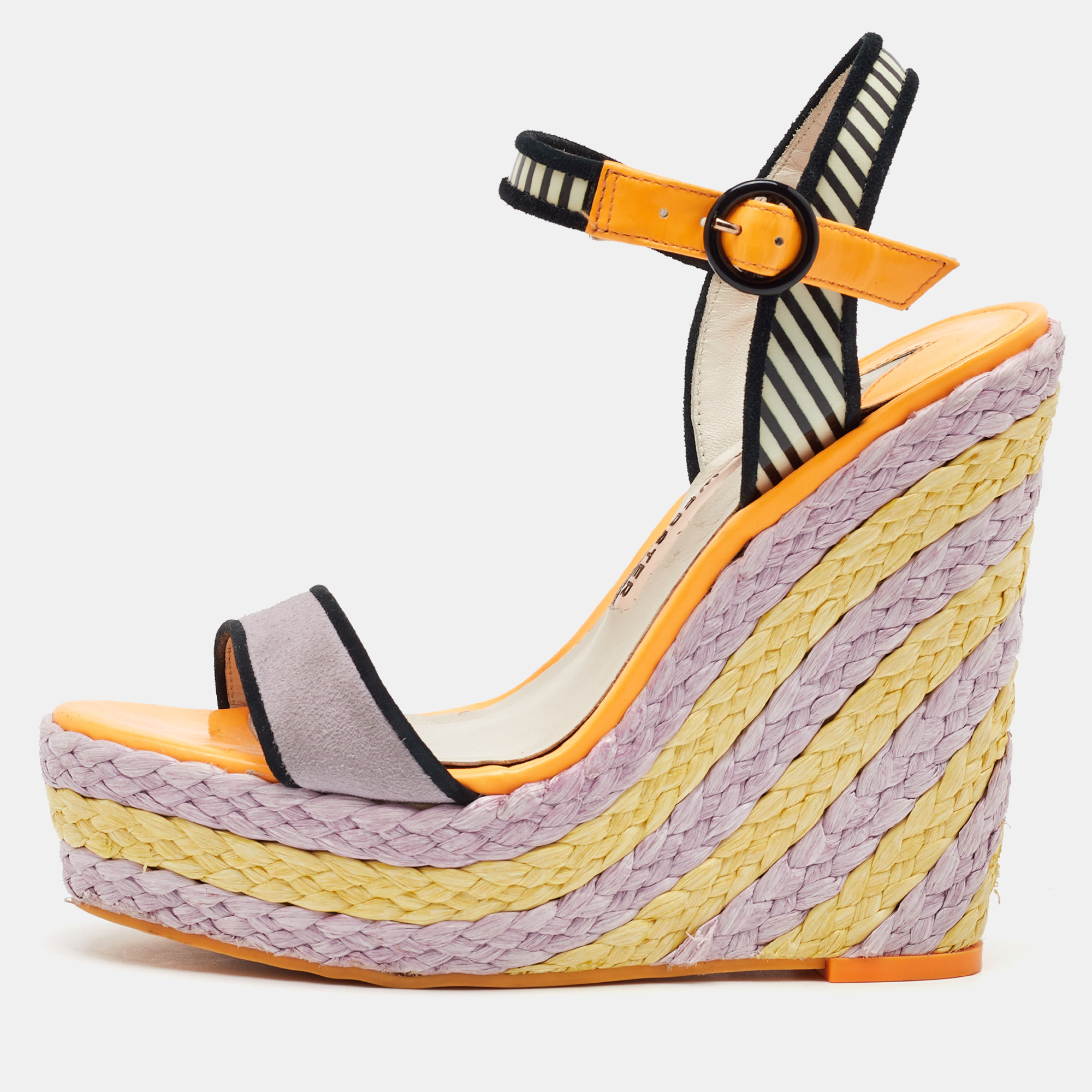 Pre-owned Sophia Webster Multicolor Suede And Patent Leather Lucita Espadrille Wedge Sandals Size 36