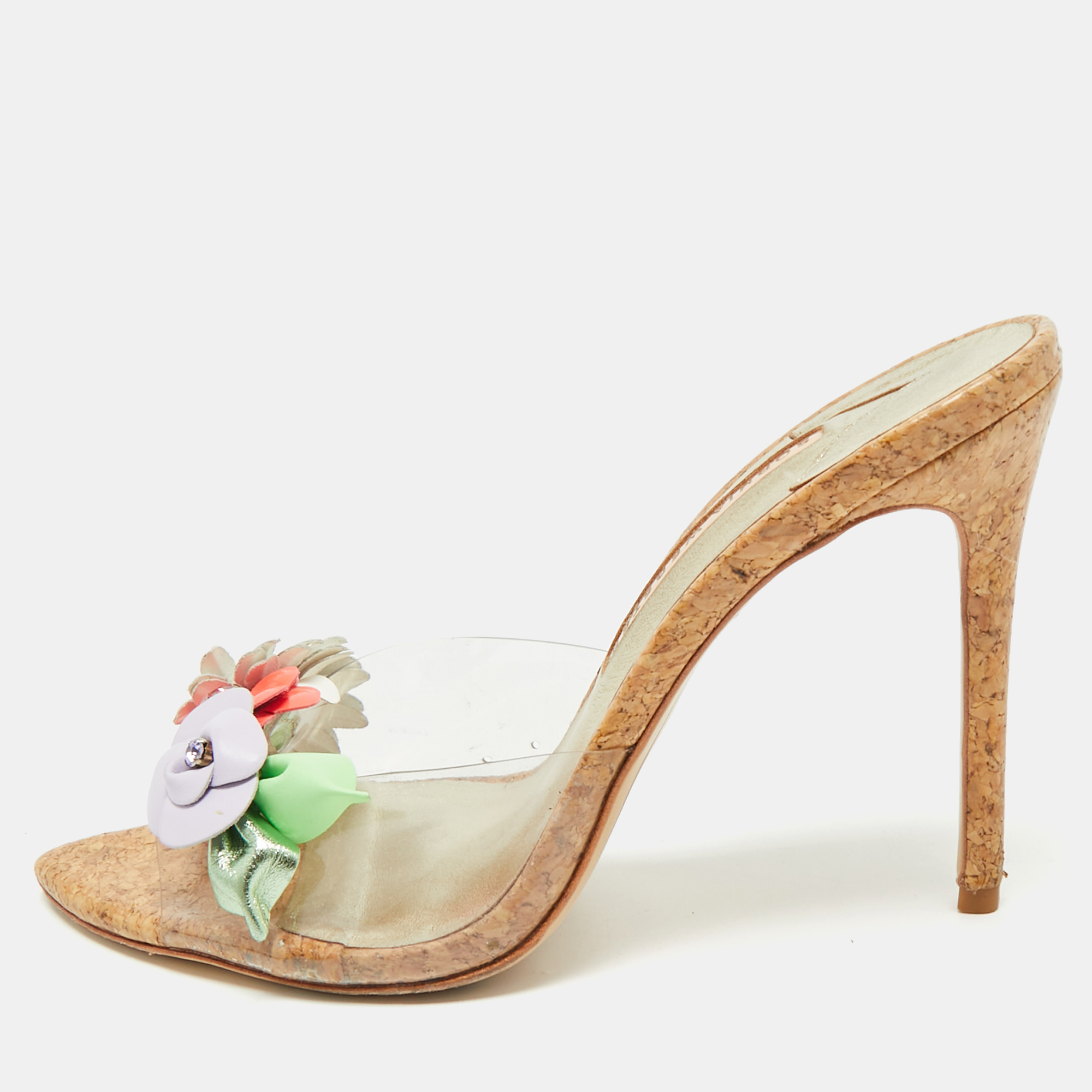 

Sophia Webster Beige/Gold Cork and PVC Wildflower Slide Sandals Size