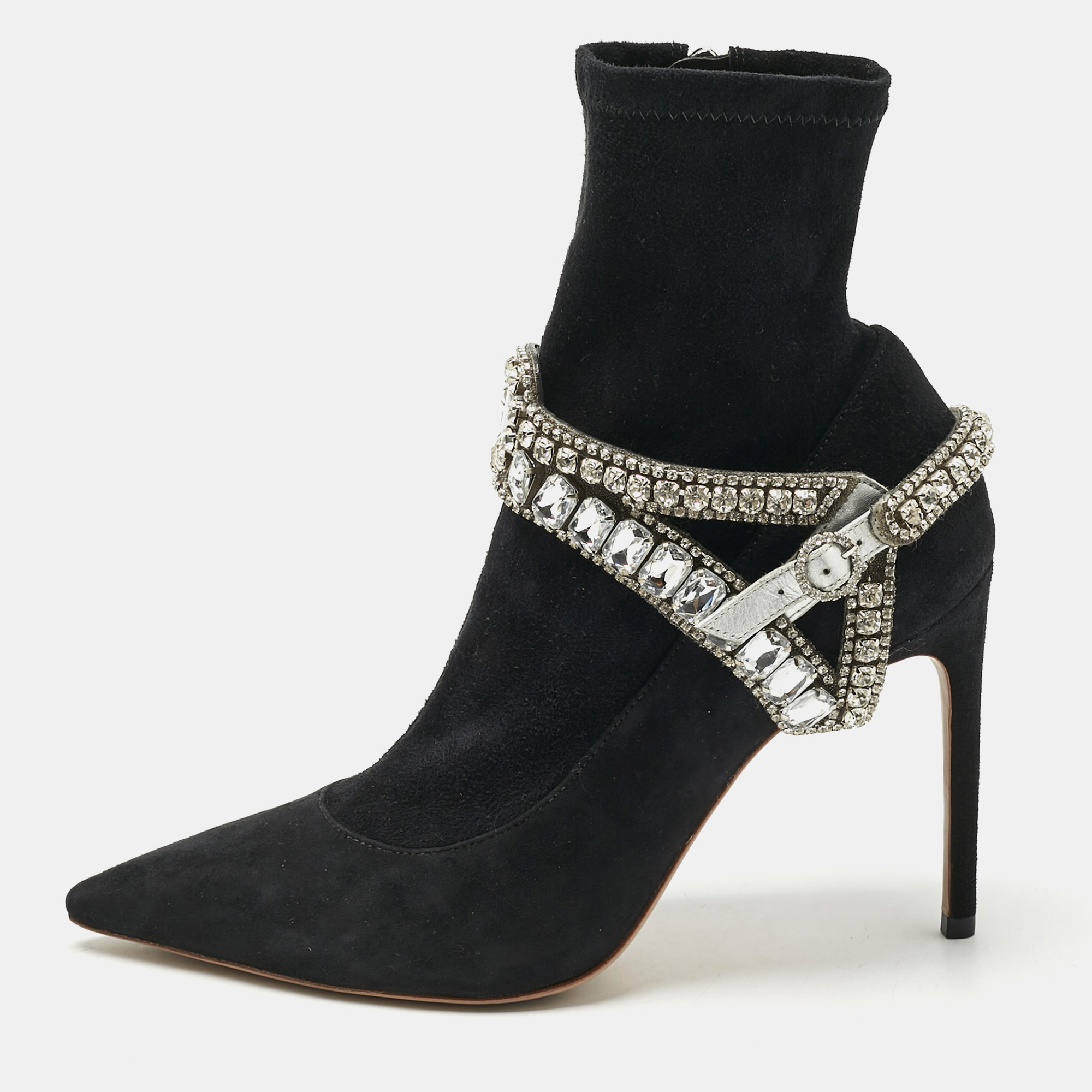 Pre-owned Sophia Webster Black Suede Stretch Crystal Embellished Ankle Boots Size 41