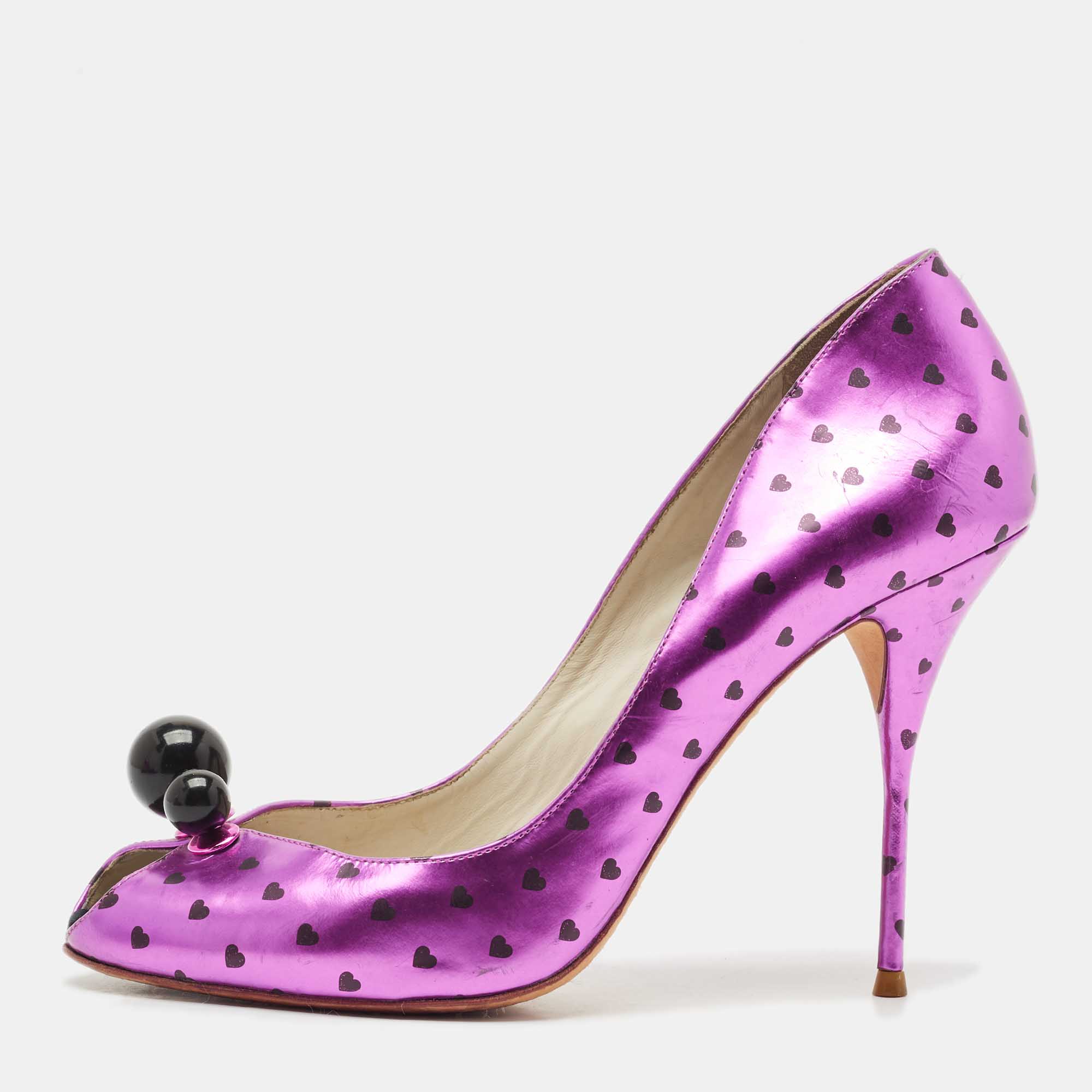 

Sophia Webster Metallic Purple Heart Print Leather Loren Peep Toe Pumps Size