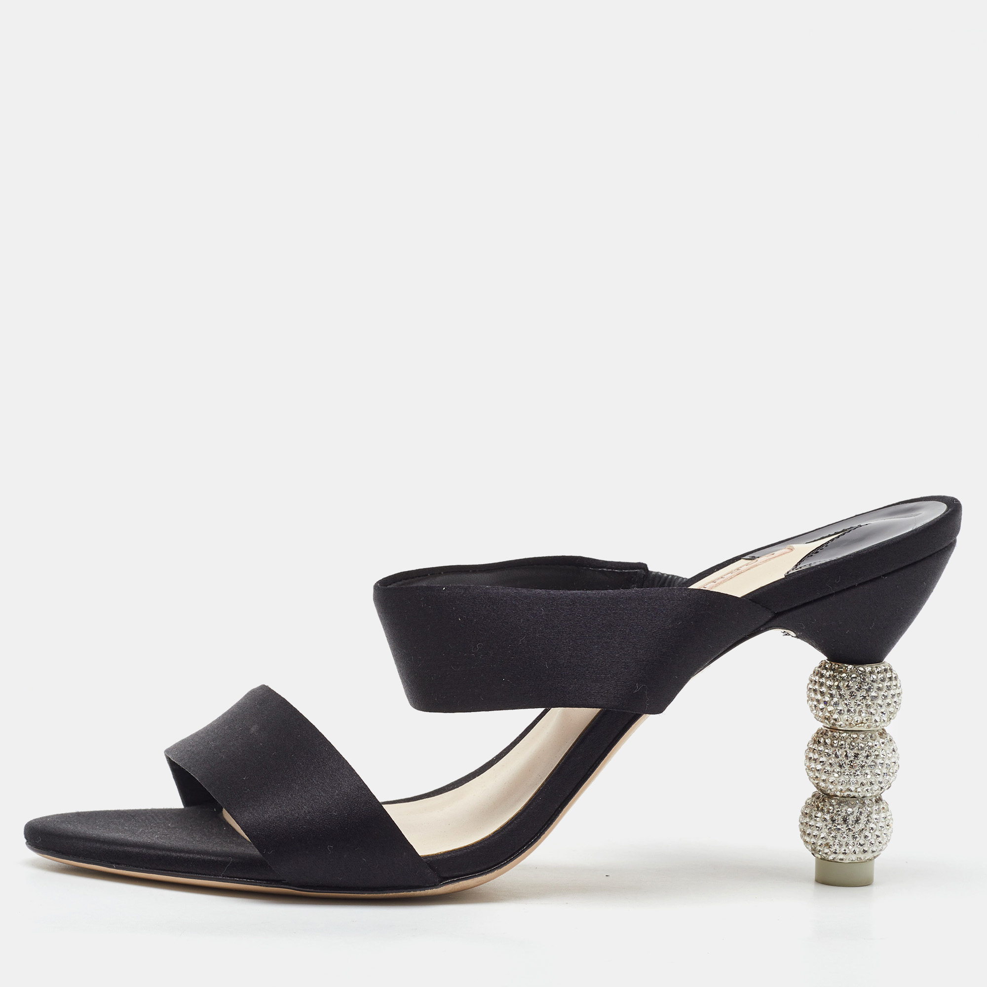 Pre-owned Sophia Webster Black Satin Crystal Embellished Heel Slide Sandals Size 38