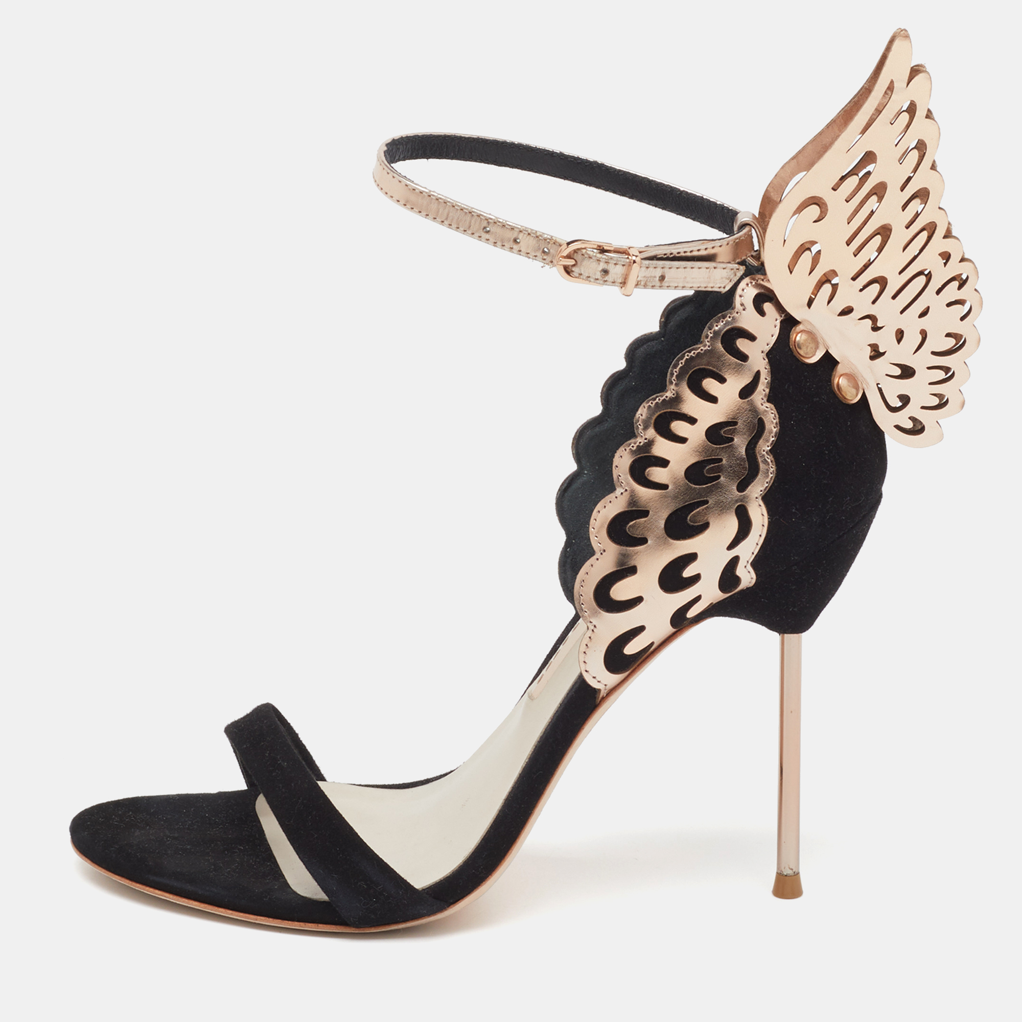 

Sophia Webster Black/Rose Gold Patent Leather and Suede Evangeline Ankle Strap Sandals Size