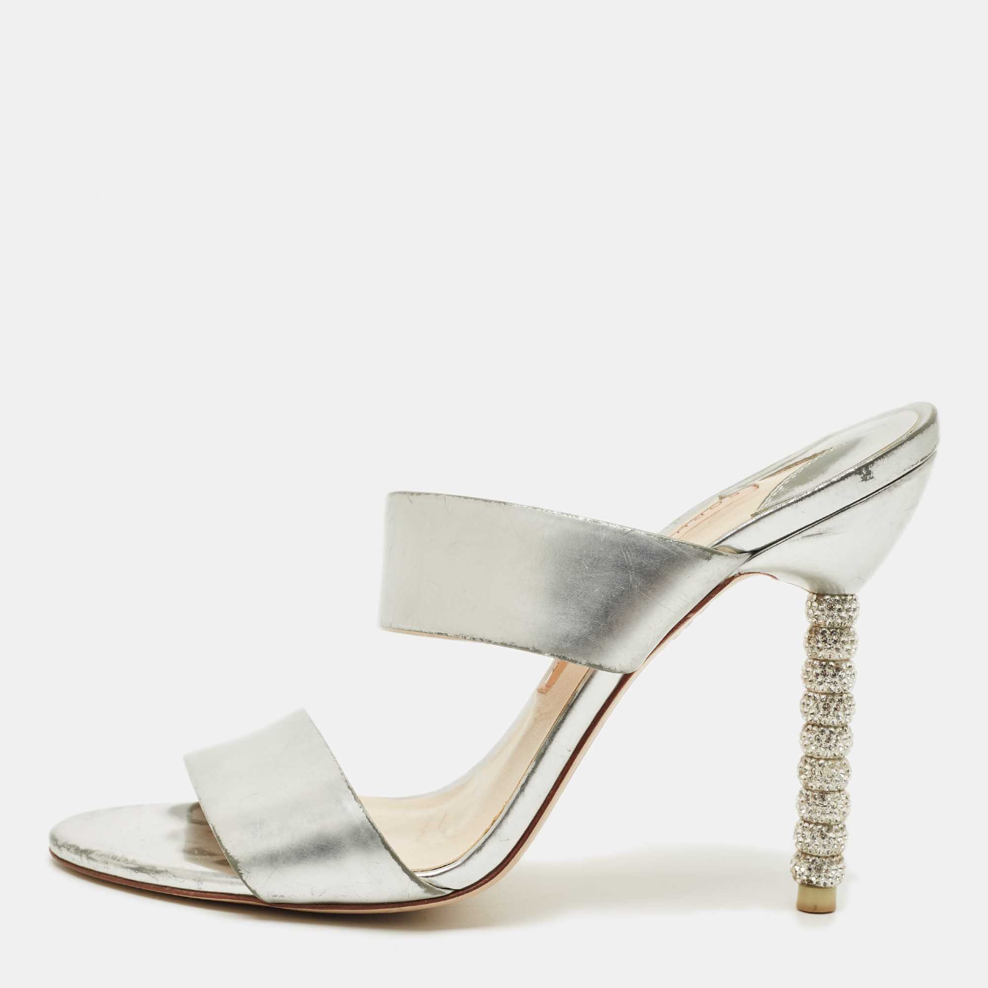 Pre-owned Sophia Webster Silver Foil Leather Crystal Embellished Heel Slide Sandals Size 37