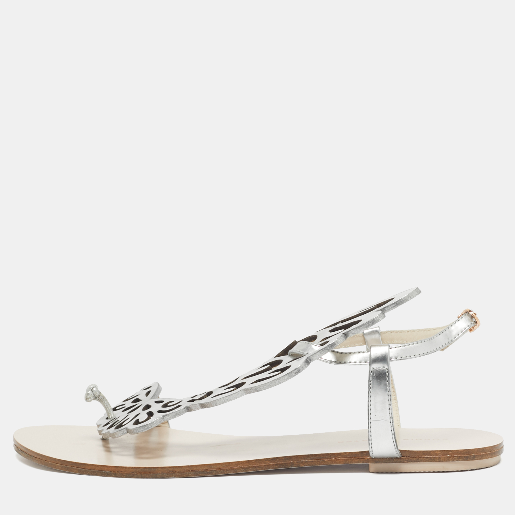 Pre-owned Sophia Webster Silver Leather Madame Butterfly Slingback Flat Slides Size 41