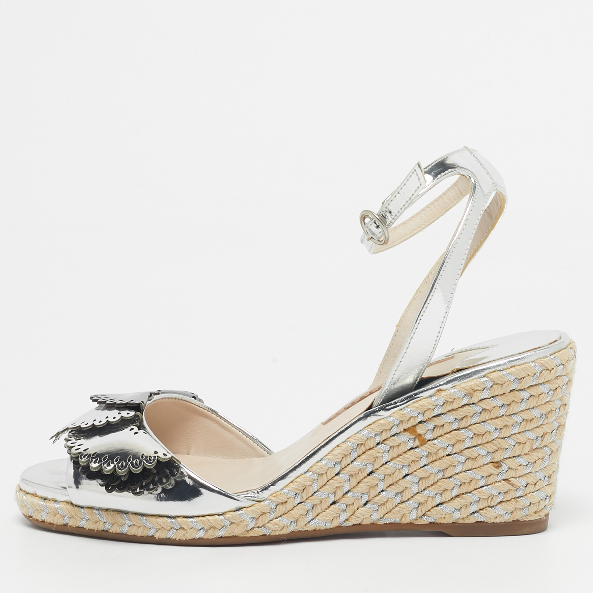 Pre-owned Sophia Webster Silver Patent Leather Soleil Espadrille Wedge Ankle Strap Sandals Size 39.5