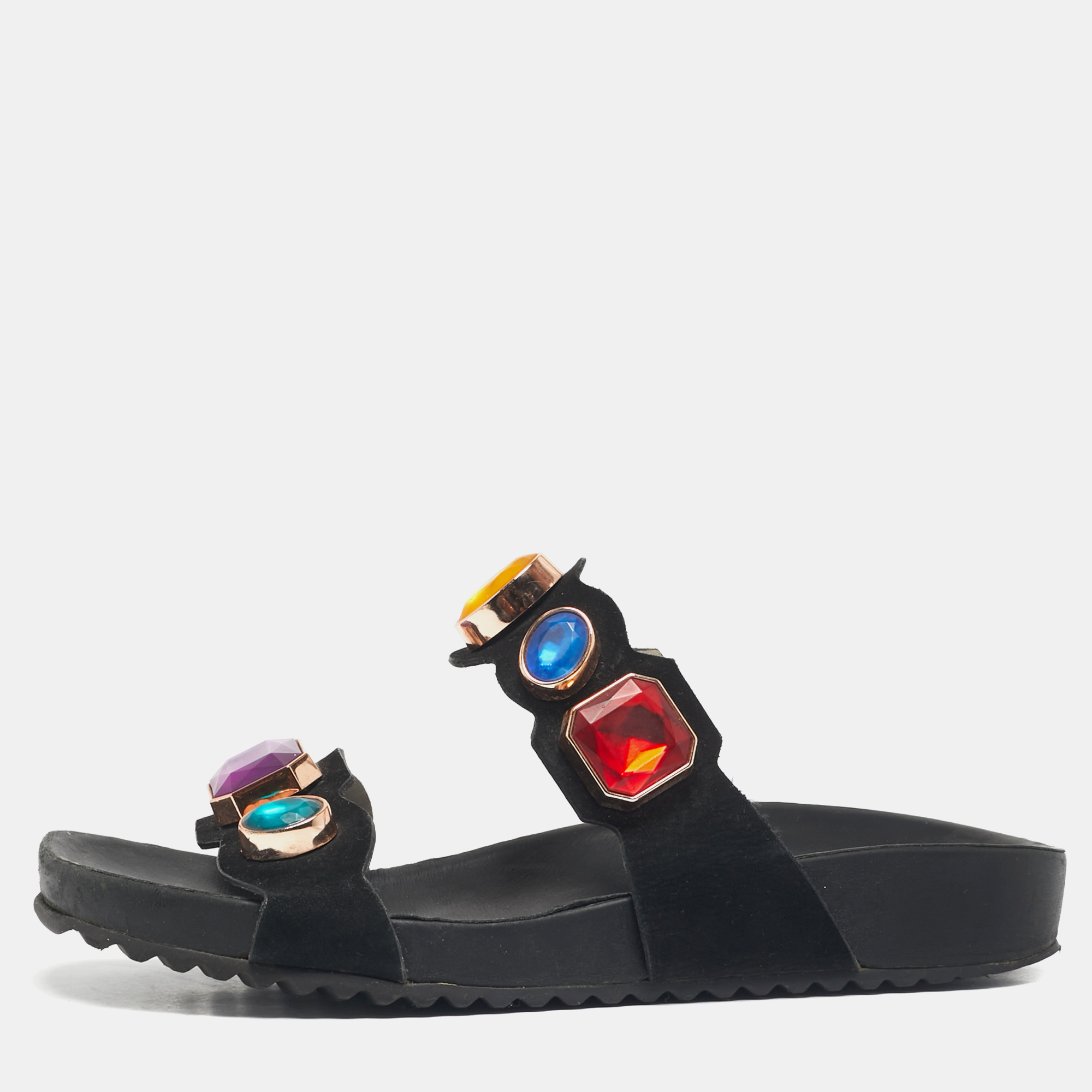 

Sophia Webster Black Suede Crystal Embellished Flat Sandals Size