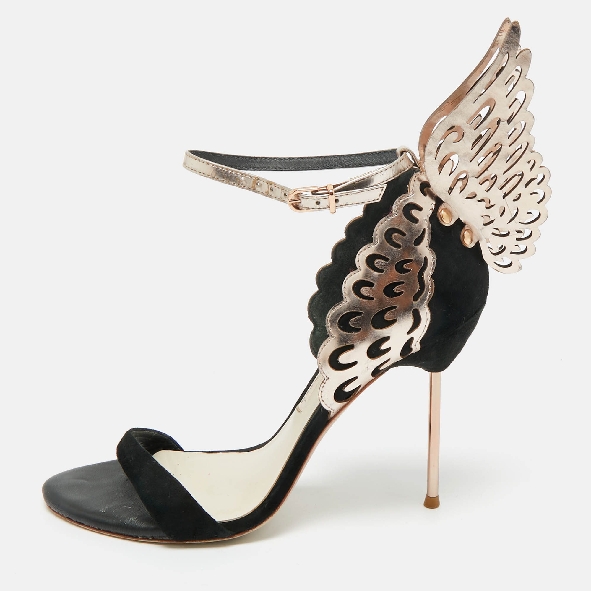 Pre-owned Sophia Webster Black/rose Gold Patent Leather And Suede Evangeline Ankle Strap Sandals Size 40