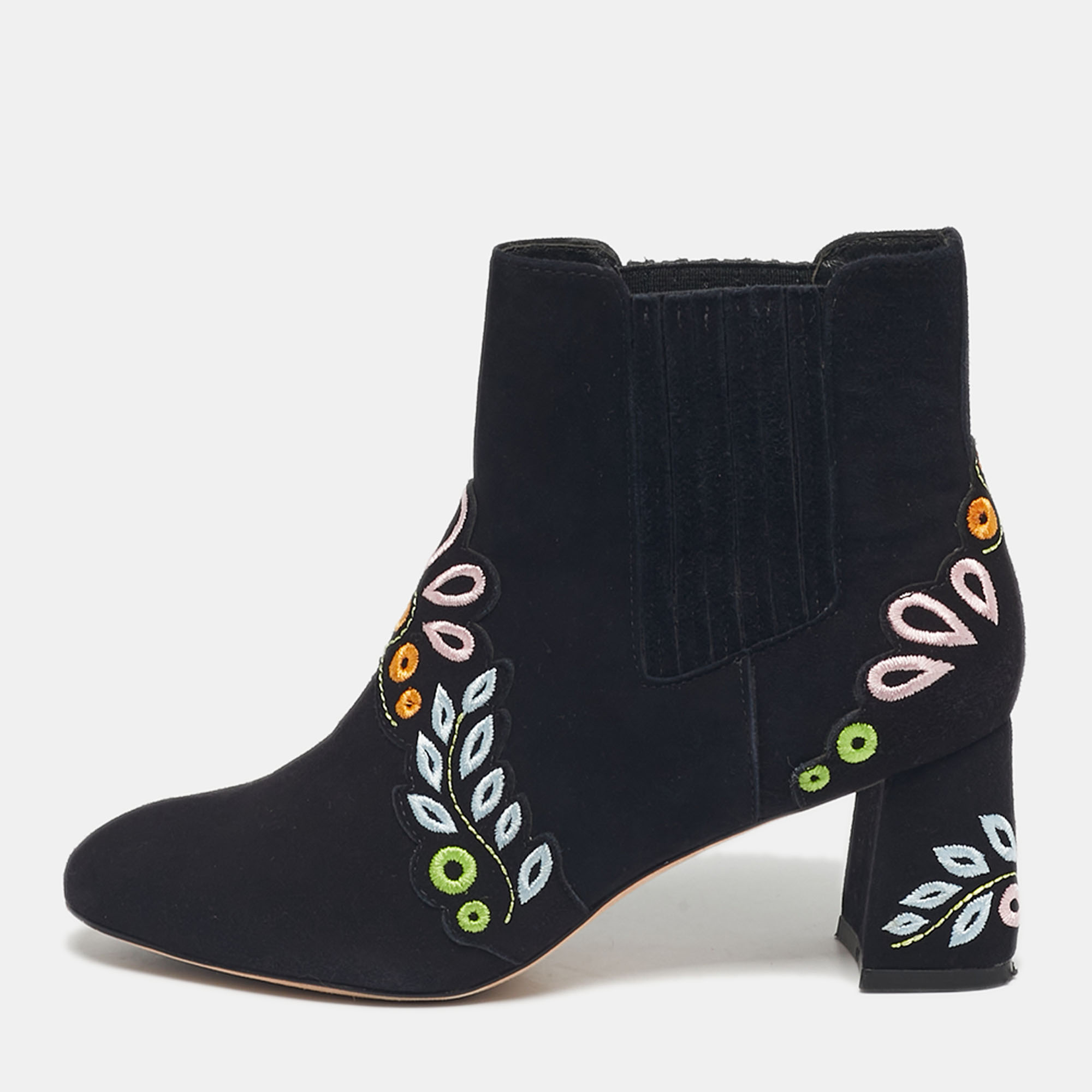 Pre-owned Sophia Webster Black Embroidered Suede Liliana Ankle Length Boots Size 37