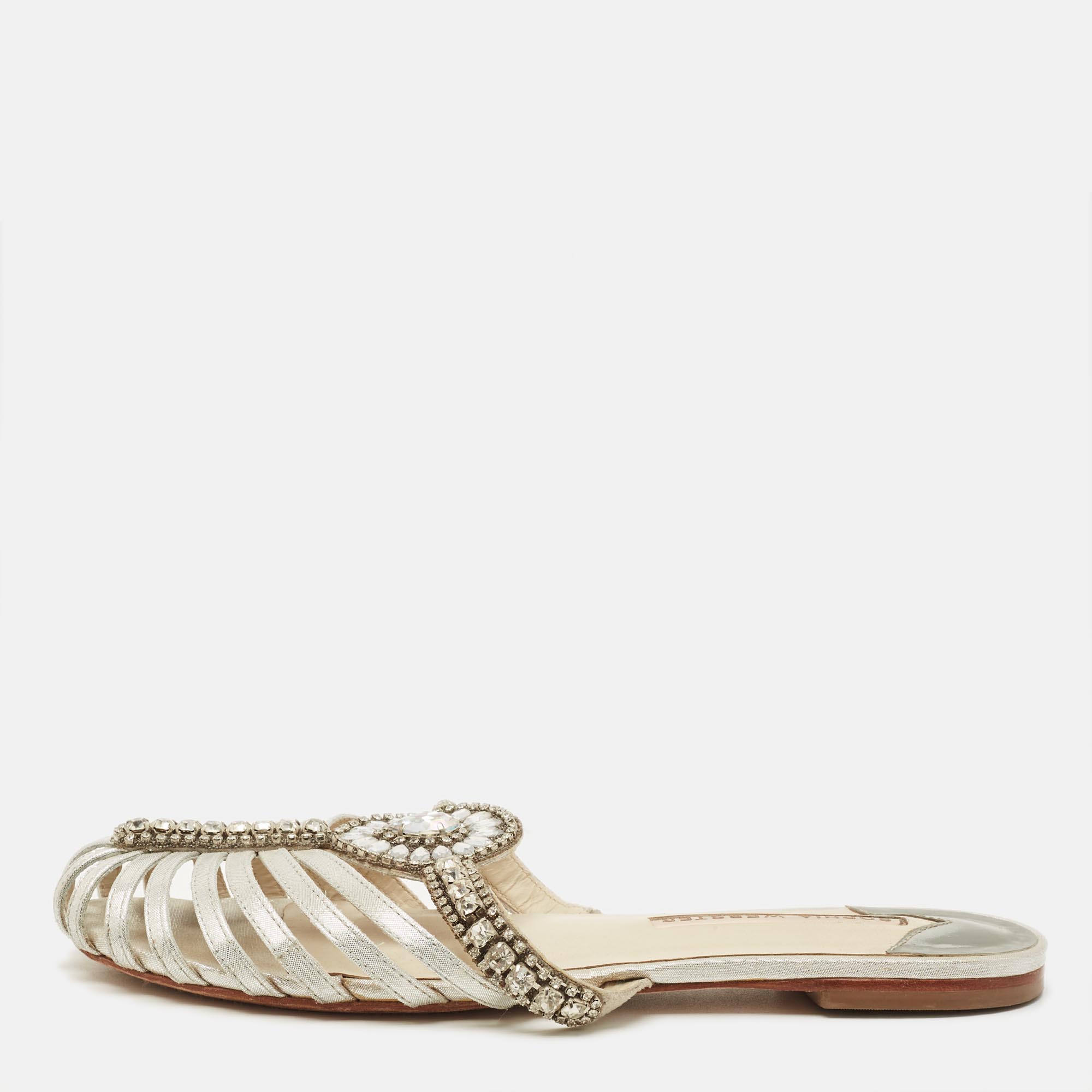 

Sophia Webster Size  Silver Leather Crystal Embellished Flat Sandals