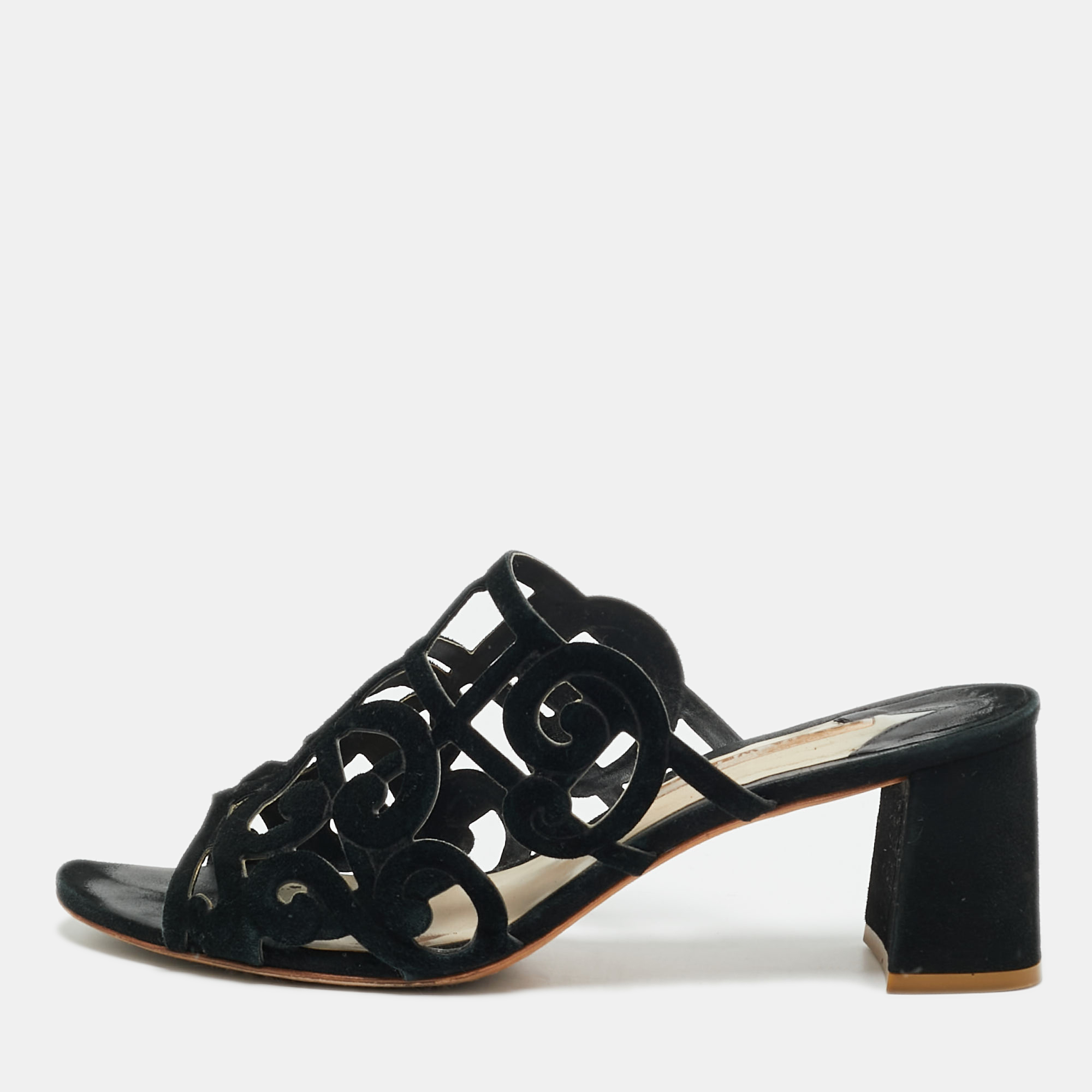Pre-owned Sophia Webster Size 40 Black Suede Cut Out Birdie Block Heel Slide Sandals