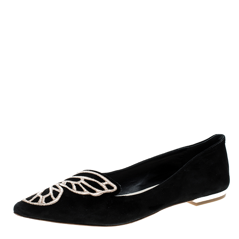 Sophia Webster Black Embroidered Suede Bibi Butterfly Pointed Toe Ballet Flats Size 37.5