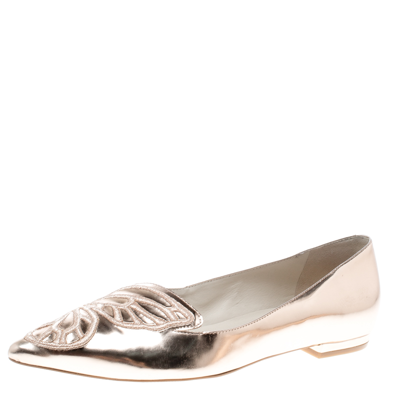 Sophia Webster Metallic Rose Gold Leather Bibi Butterfly Pointed Toe Ballet Flats Size 37
