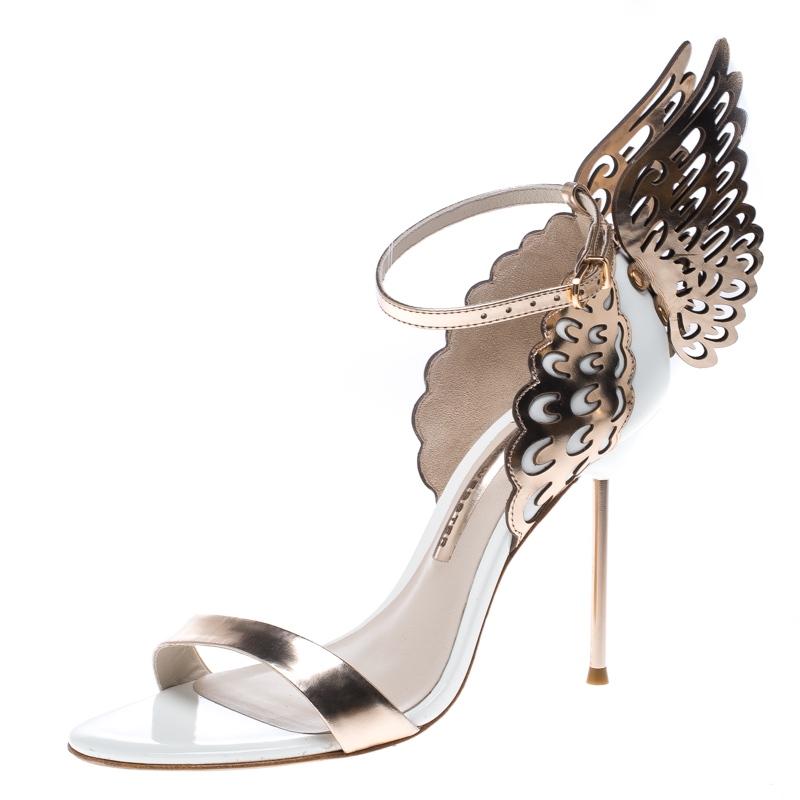 Sophia Webster White and Laser Cut Rose Gold Leather Evangeline Open Toe Sandals Size 38.5