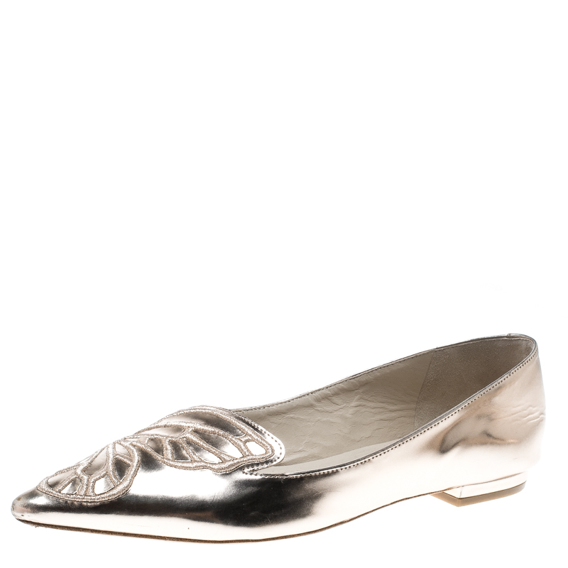 Pre Owned Sophia Webster Metallic Rose Gold Leather Bibi Butterfly Pointed Toe Ballet Flats Size 37.5