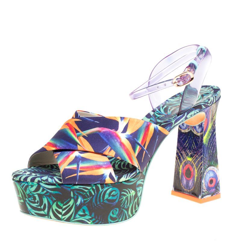 Sophia Webster Multicolor Printed Satin and PVC Effie Cross Strap Platform Sandals Size 39