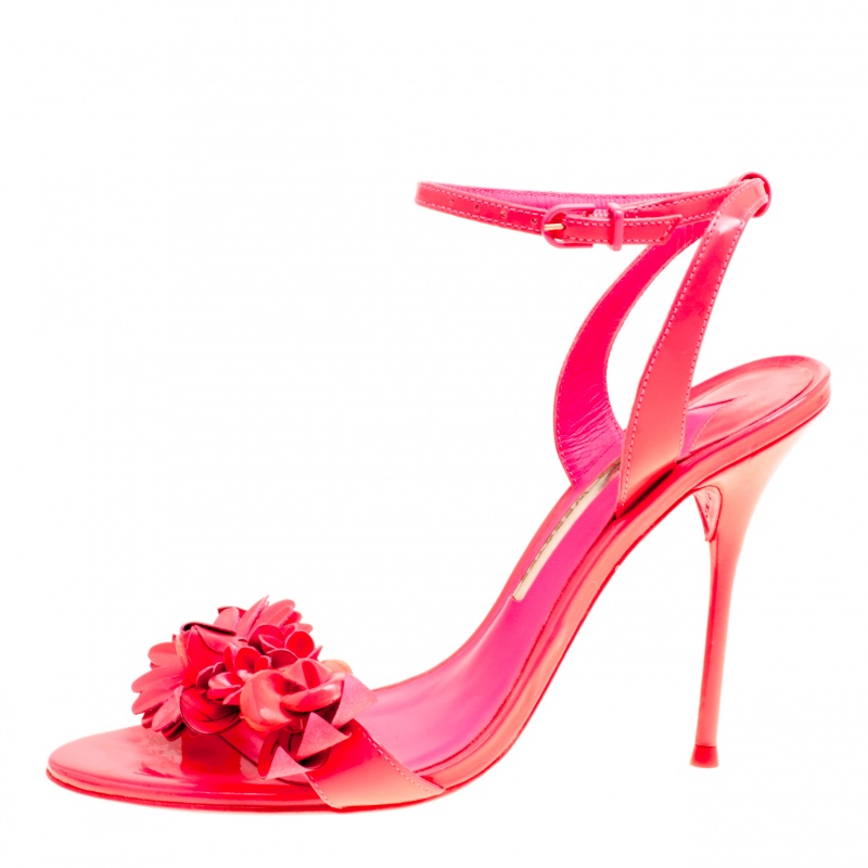 

Sophia Webster Fluorescent Pink Patent Leather Lilico Floral Embellished Ankle Wrap Sandals Size