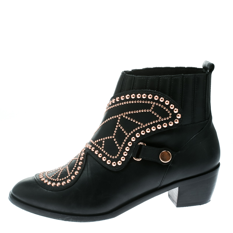 

Sophia Webster Black Leather Karina Butterfly Studded Ankle Boots Size