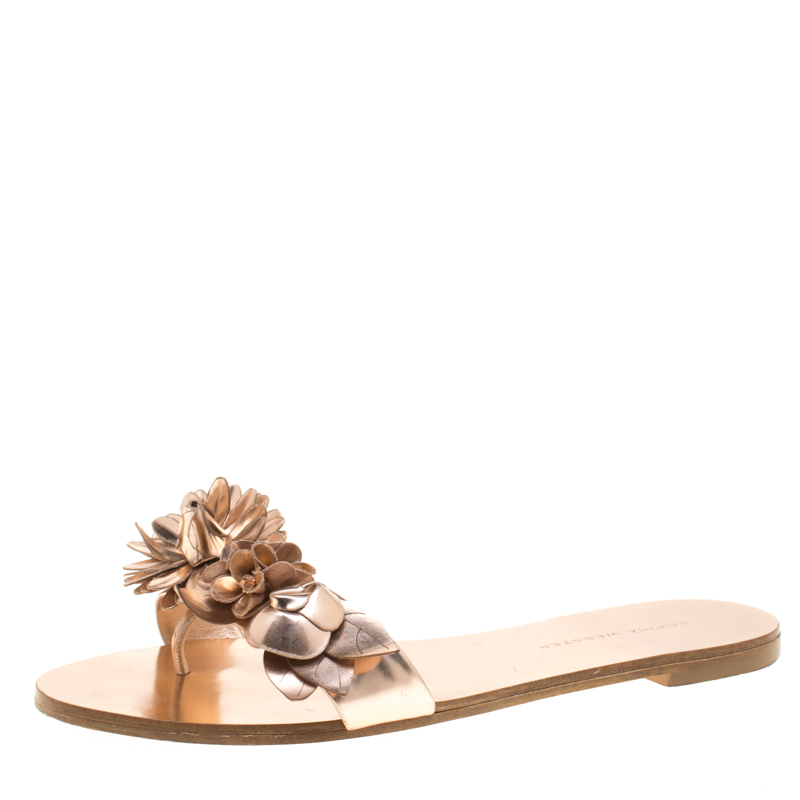 Pre Owned Sophia Webster Metallic Rose Gold Leather Lilico Floral Embellished Flat Slides Size 38