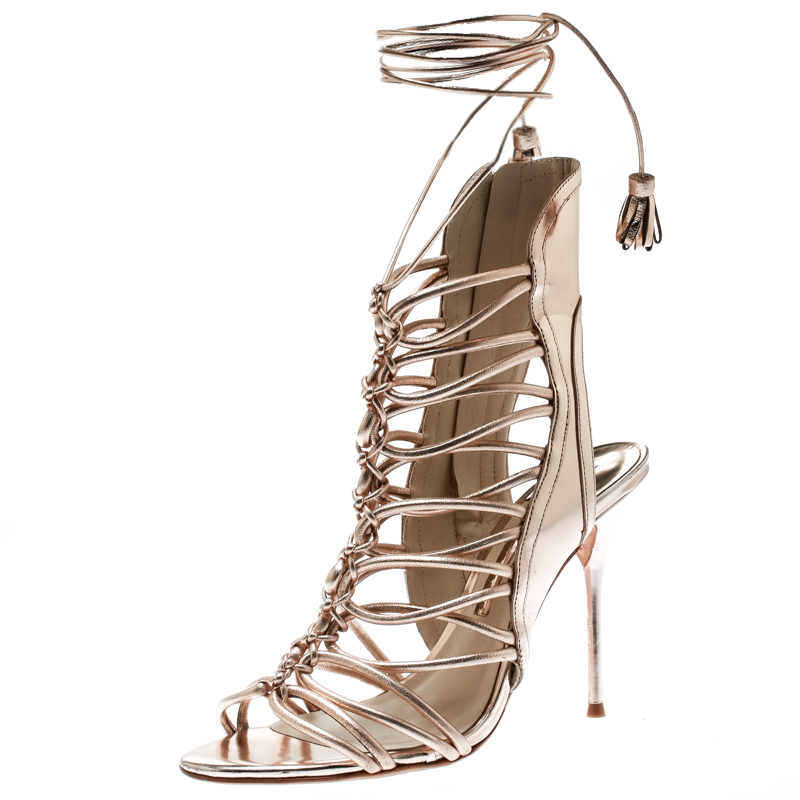 

Sophia Webster Metallic Rose Gold Leather Lacey Tie Up Sandals Size
