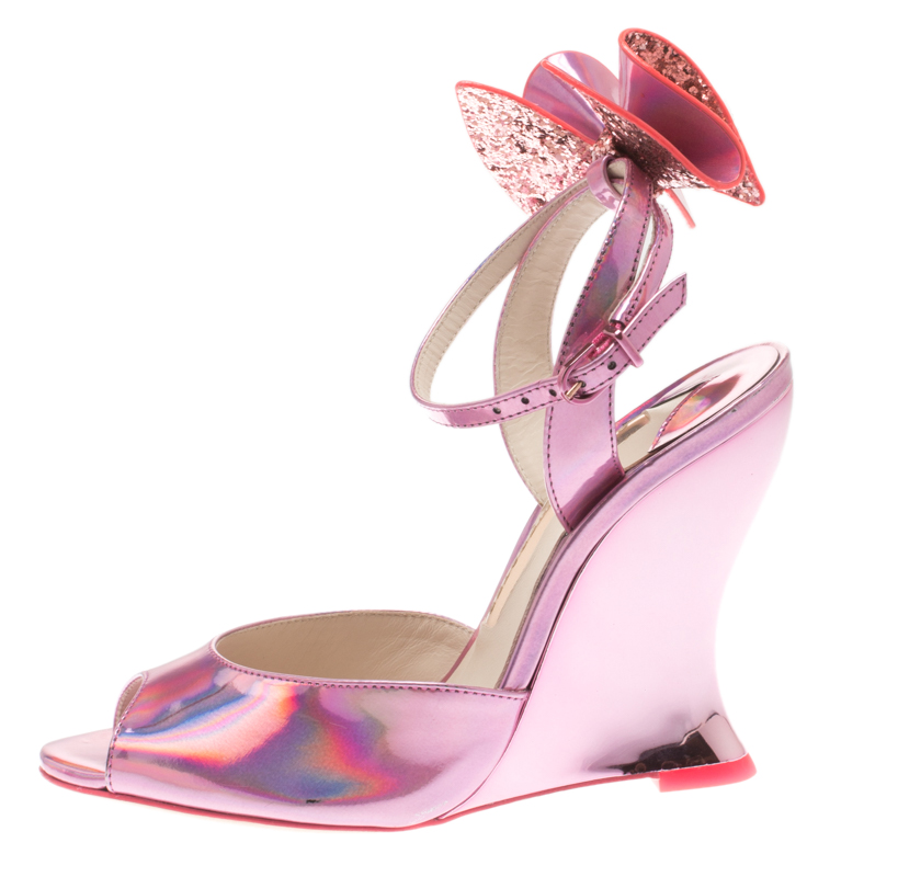 

Sophia Webster Metallic Pink Holographic Leather Rizzo Ankle Strap Chrome Wedge Sandals Size