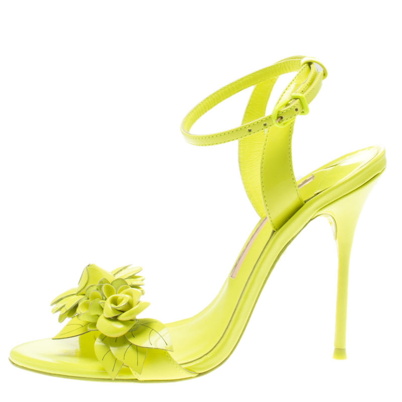 

Sophia Webster Neon Green Leather Lilico Floral Embellished Ankle Wrap Sandals Size