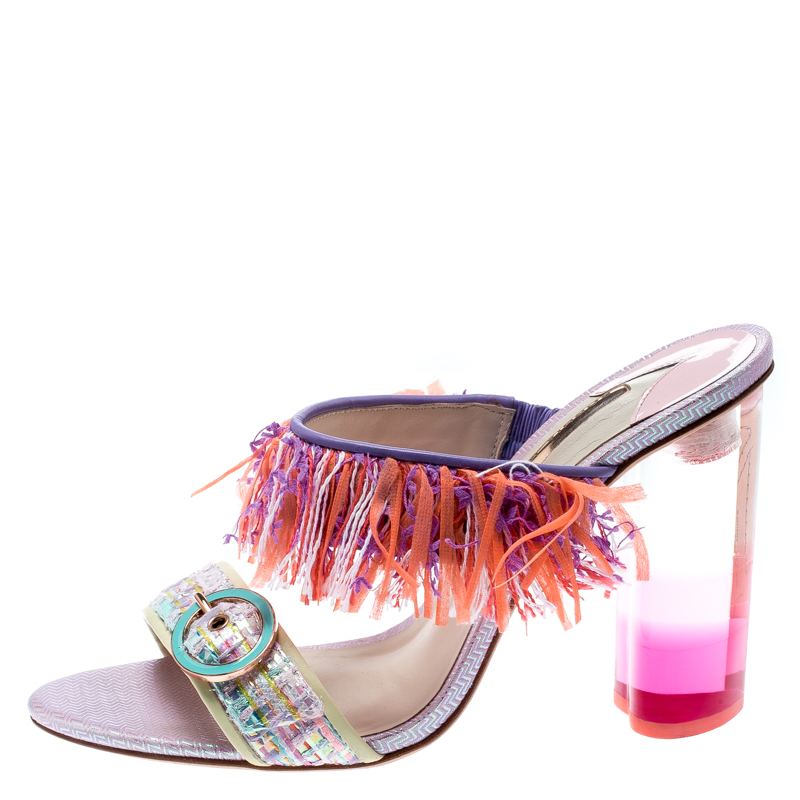 

Sophia Webster Multicolor Leather And Tweed Fabric Darla Fringe Buckle Slides Size