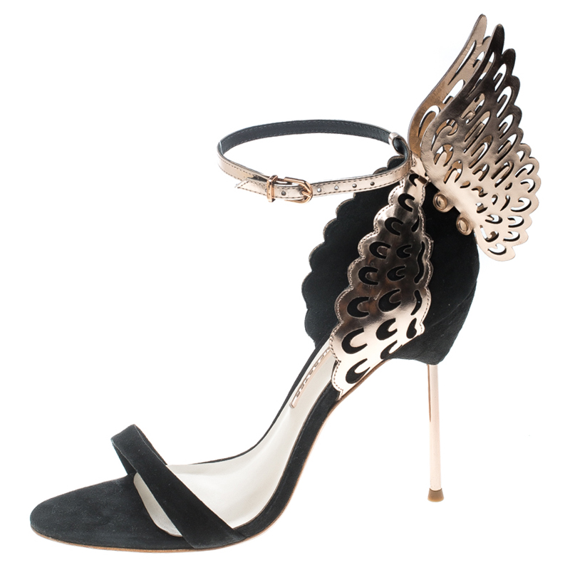 

Sophia Webster Black Suede and Laser Cut Rose Gold Leather Evangeline Open Toe Sandals Size
