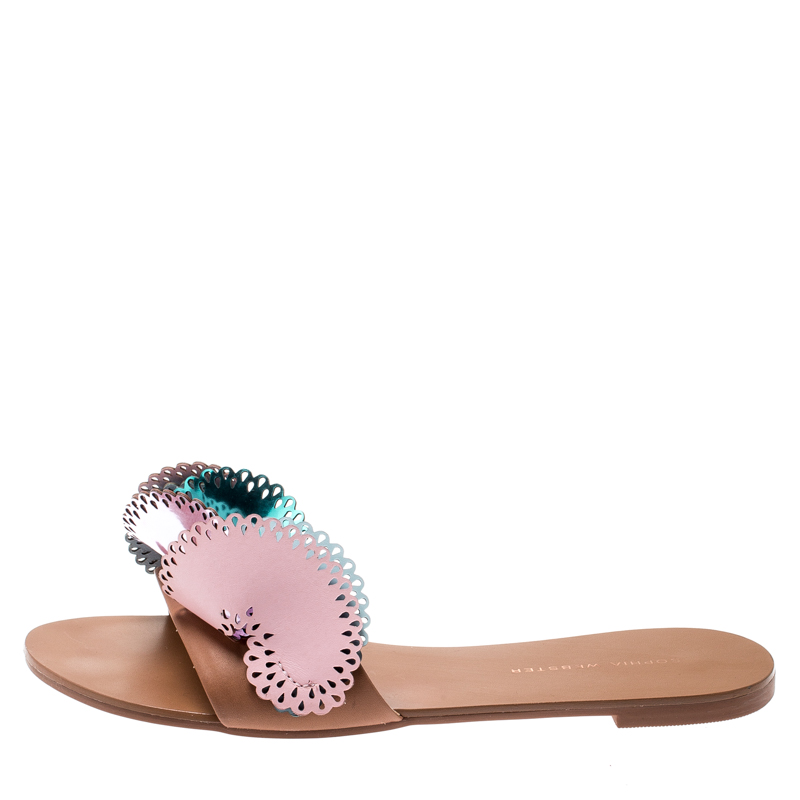 

Sophia Webster Metallic Multicolor Laser Cut Leather Soleil Flat Slides Size