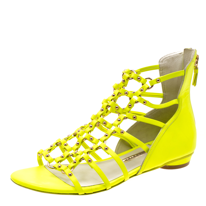 

Sophia Webster Neon Green Leather Studded Flat Sandals Size