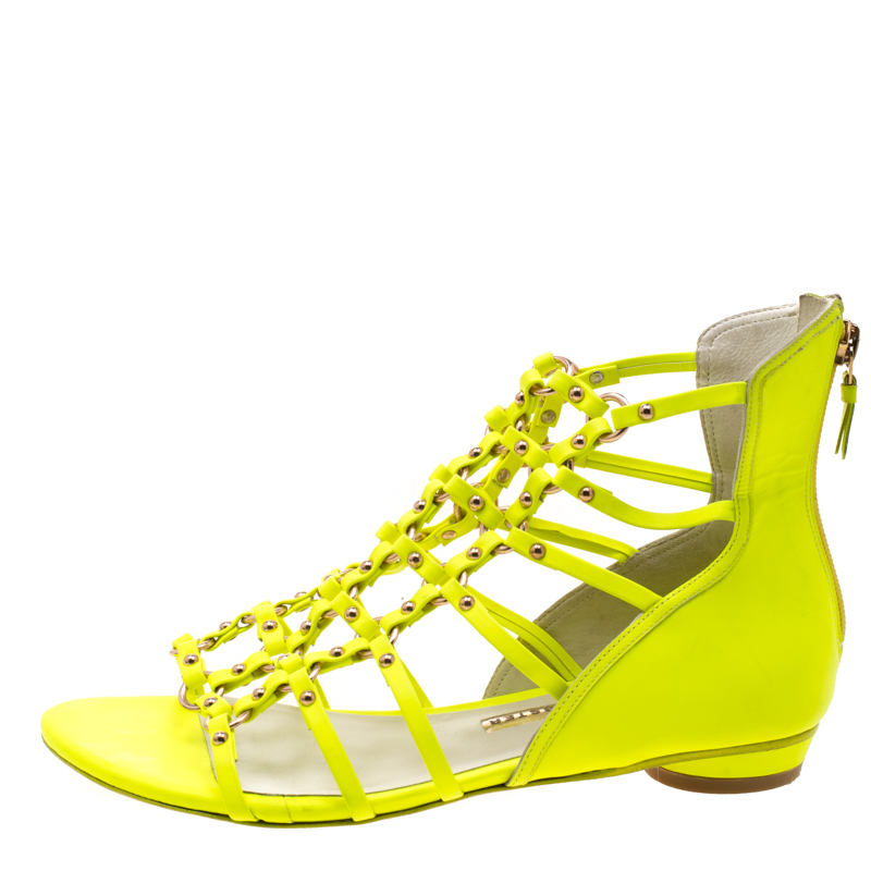 Pre-owned Sophia Webster Neon Green Leather Studded Flat Sandals Size 38