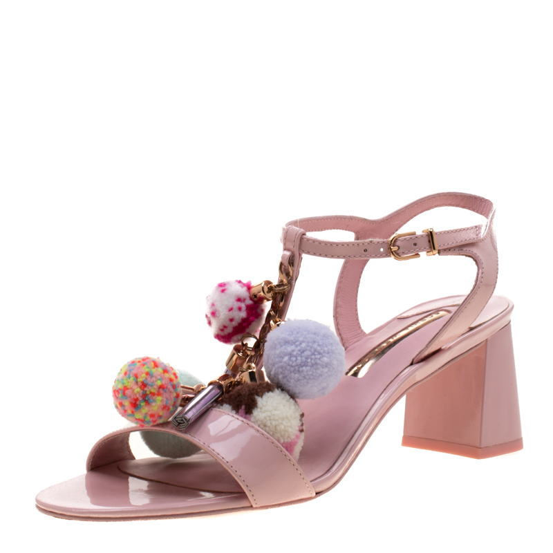 Sophia Webster Pink Patent Leather Juno Pom Pom Embellished T-Strap Sandals Size 38.5