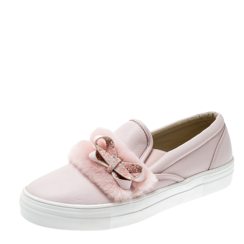 Pre Owned Sophia Webster Pink Leather And Faux Fur Bella Embellished Bow Slip On Sneakers Size 41