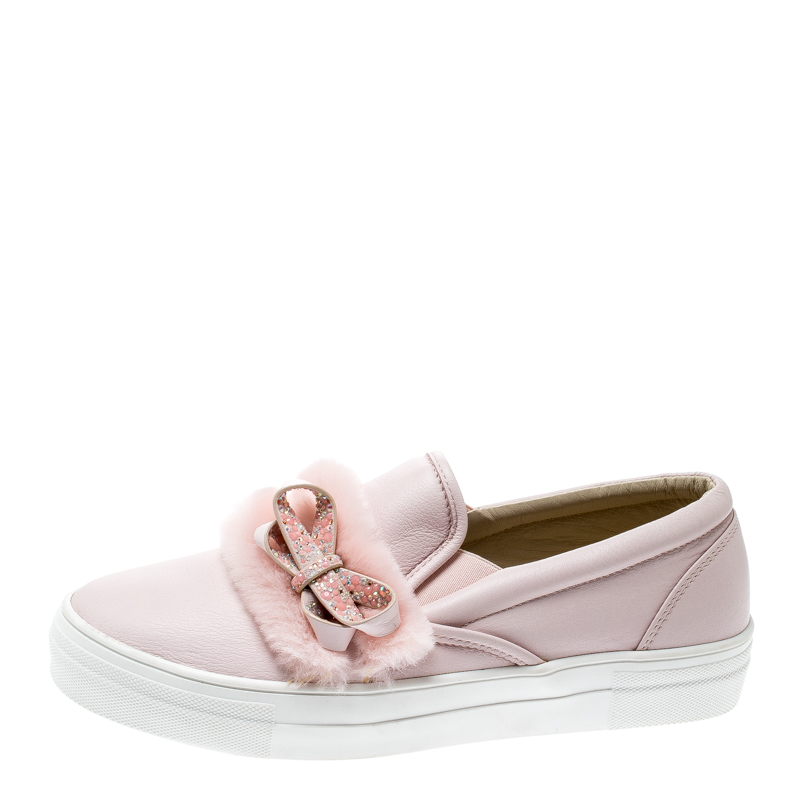 

Sophia Webster Pink Leather And Faux Fur Bella Embellished Bow Slip On Sneakers Size