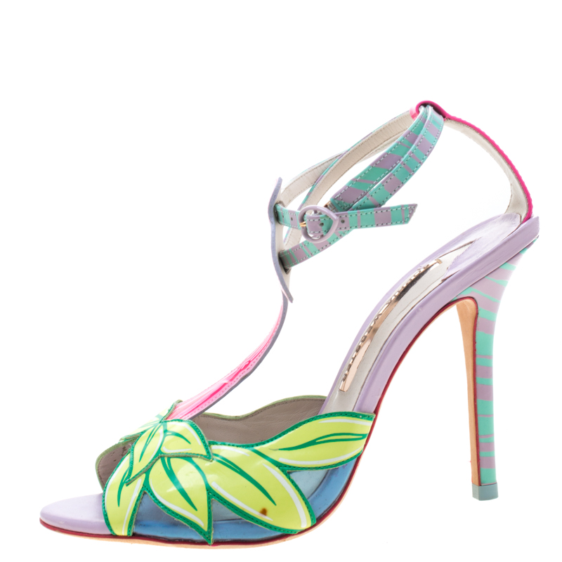 

Sophia Webster Multicolor Patent Leather Flamingo Peep Toe T Strap Sandals Size