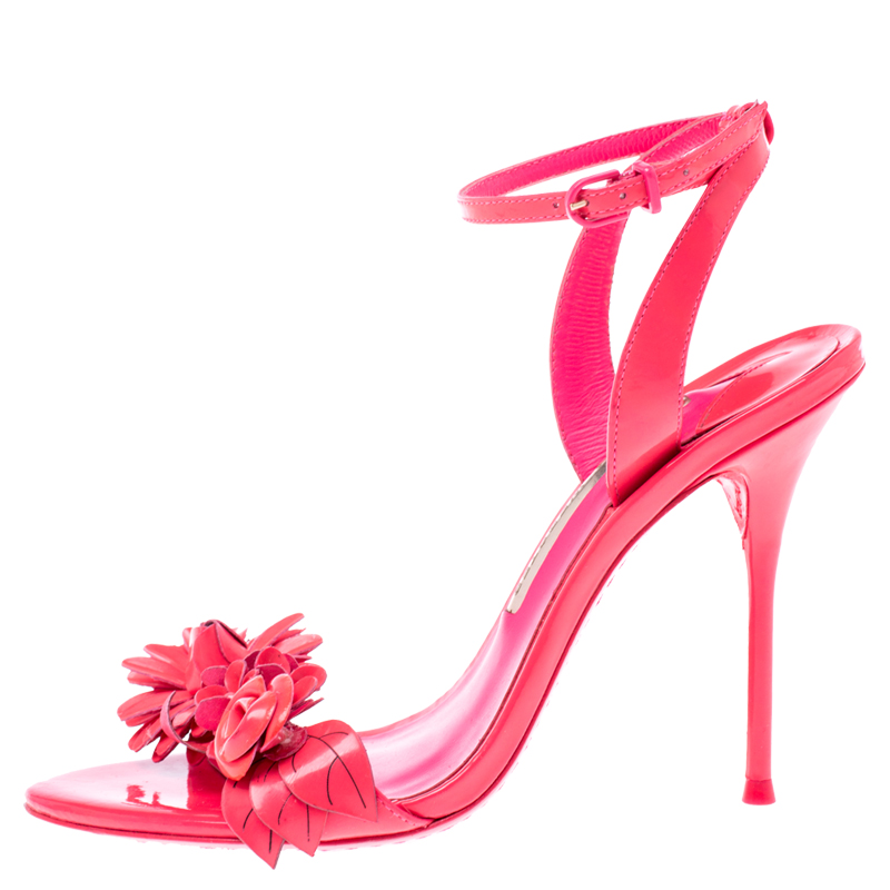 

Sophia Webster Fluorescent Pink Patent Leather Lilico Floral Embellished Ankle Wrap Sandals Size