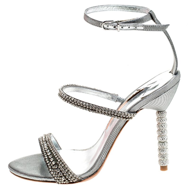 

Sophia Webster Metallic Silver Fabric Rosalind Crystal Embellished Heel Ankle Strap Sandals Size