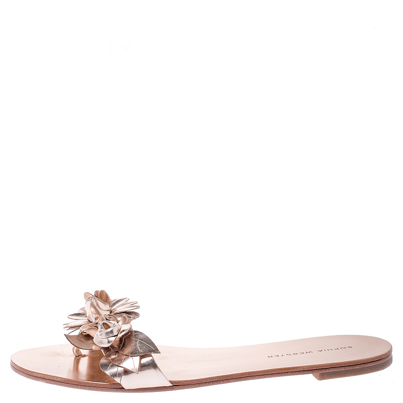 

Sophia Webster Metallic Rose Gold Leather Lilico Floral Embellished Flat Slides Size