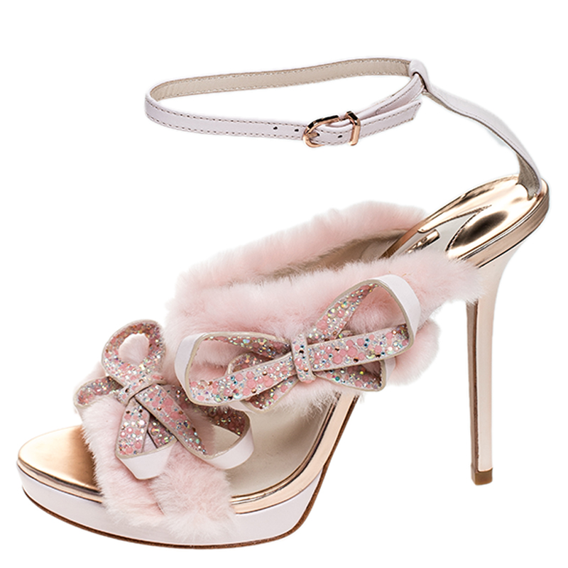 

Sophia Webster Pink Faux Fur And Leather Bella Bow Embellished Ankle Strap Sandals Size