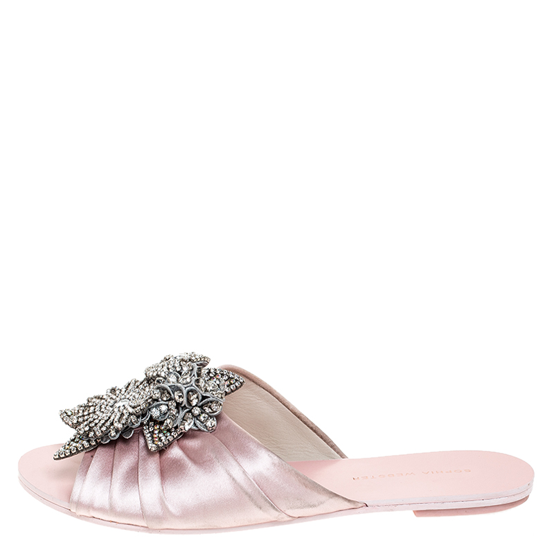 

Sophia Webster Pink Ruched Satin Lilico Crystal Embellished Flat Slides Size