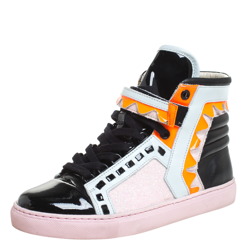 Pre Owned Sophia Webster Multicolor Leather, Patent and Glitter Fabric Riko High Top Sneakers Size 38