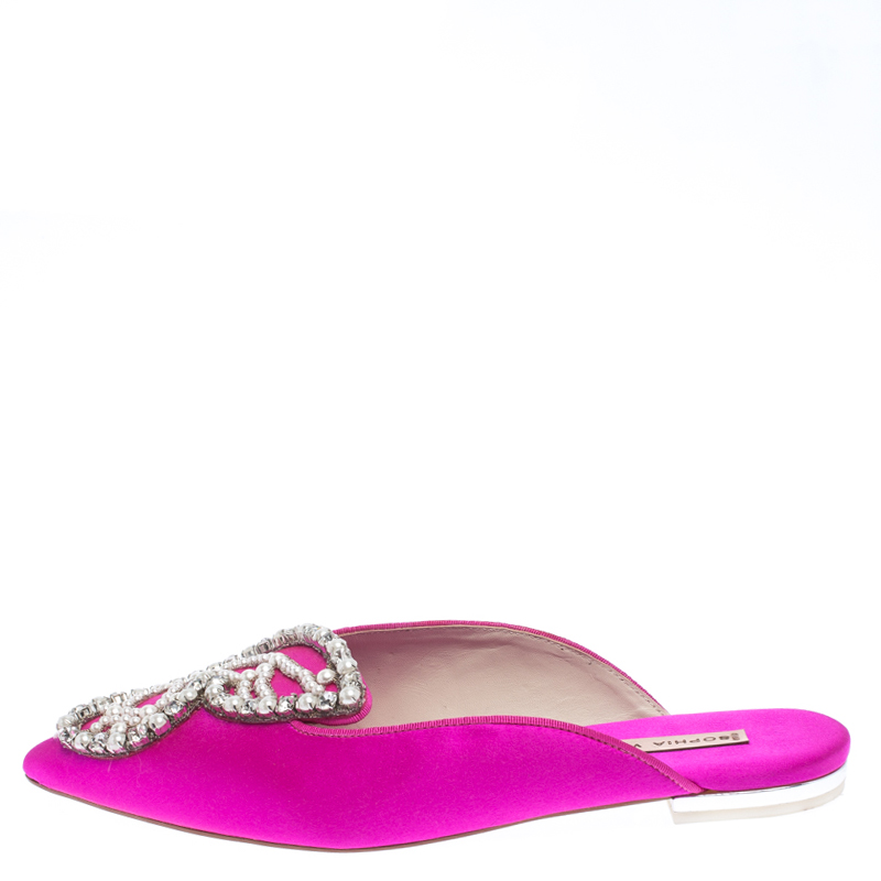 

Sophia Webster Fuchsia Satin Crystal And Pearl Embellished Bibi Butterfly Pointed Toe Flat Slides Size, Pink