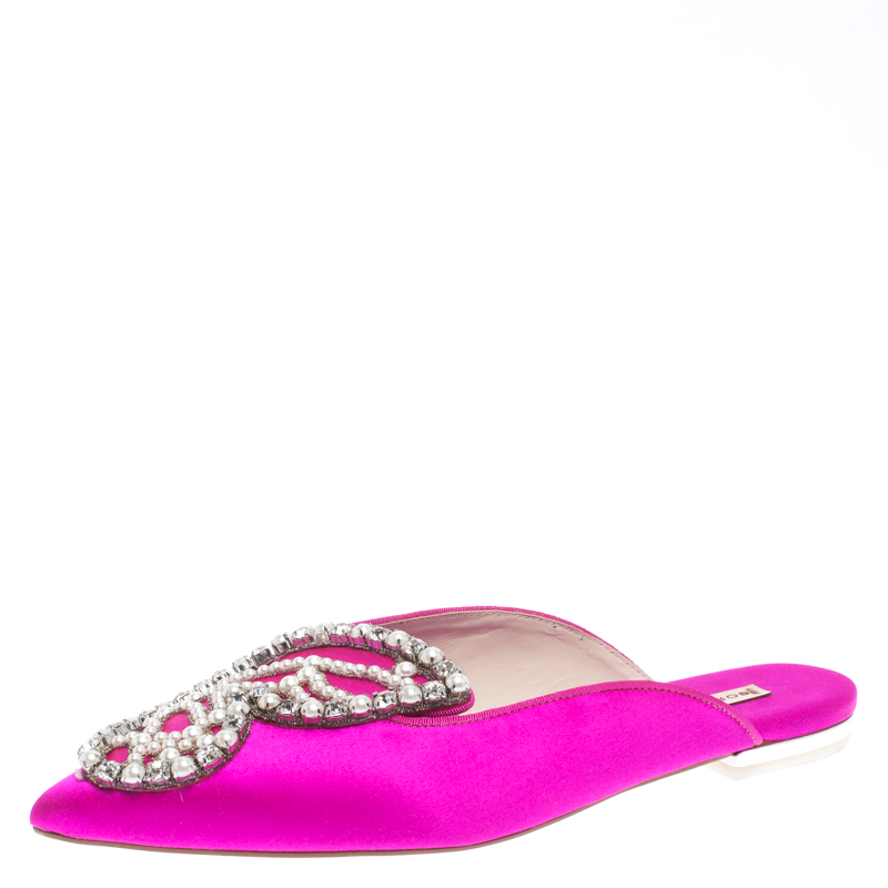 Pre-owned Sophia Webster Fuchsia Satin Crystal And Pearl Embellished Bibi Butterfly Pointed Toe Flat Slides Size 36.5 In Pink