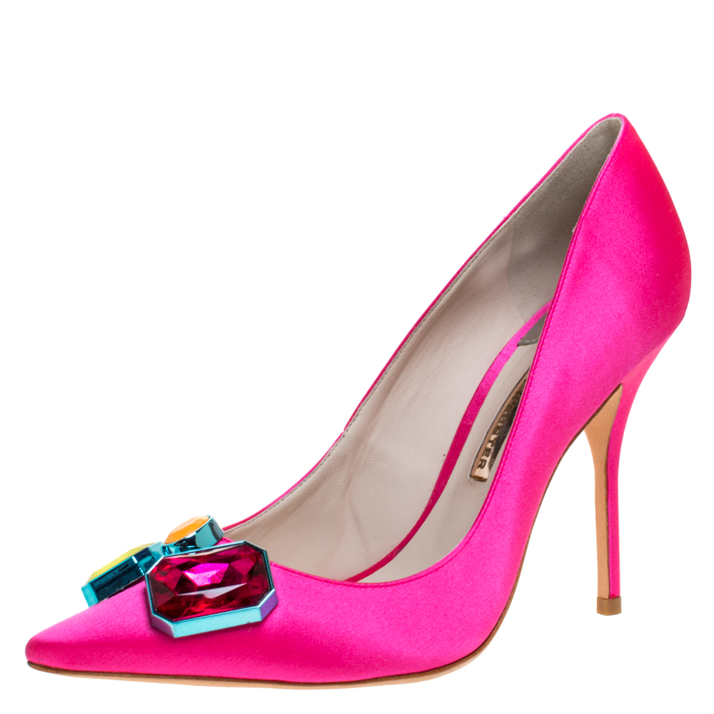 Pre Owned Sophia Webster Hot Pink Satin Lola Gem Pointed Toe Pumps Size 41