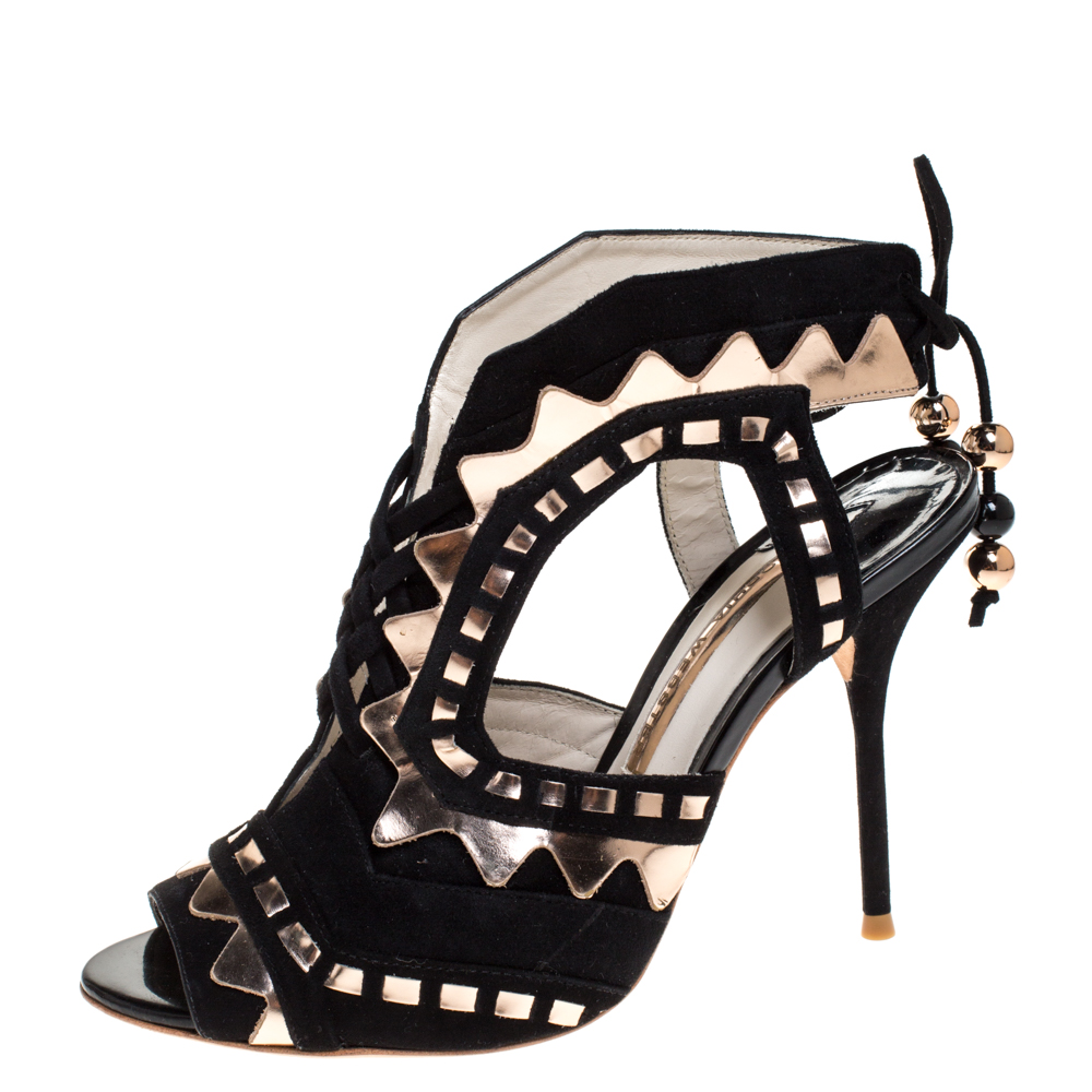 Pre Owned Sophia Webster Black Suede and Metallic Rose Gold Leather Riko Cut Out Sandals Size 38.5