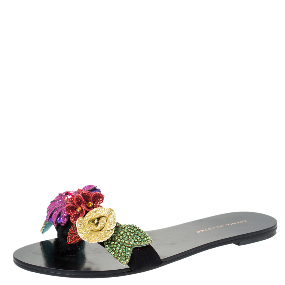 Sophia Webster Black Suede Glitter And Crystal Floral Embellished Lilico Flat Slides Size 38.5