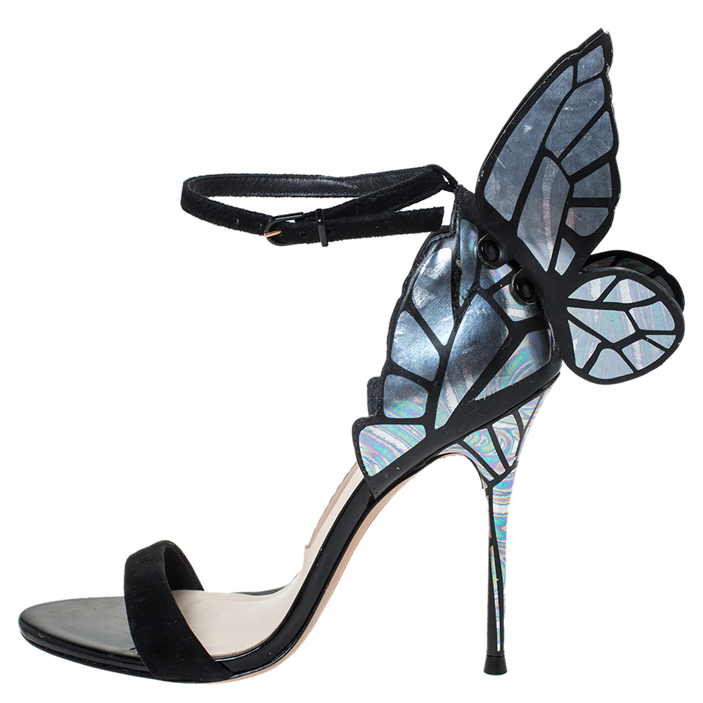 

Sophia Webster Multicolor Holographic Leather and Black Suede Chiara Butterfly Ankle Strap Sandals Size